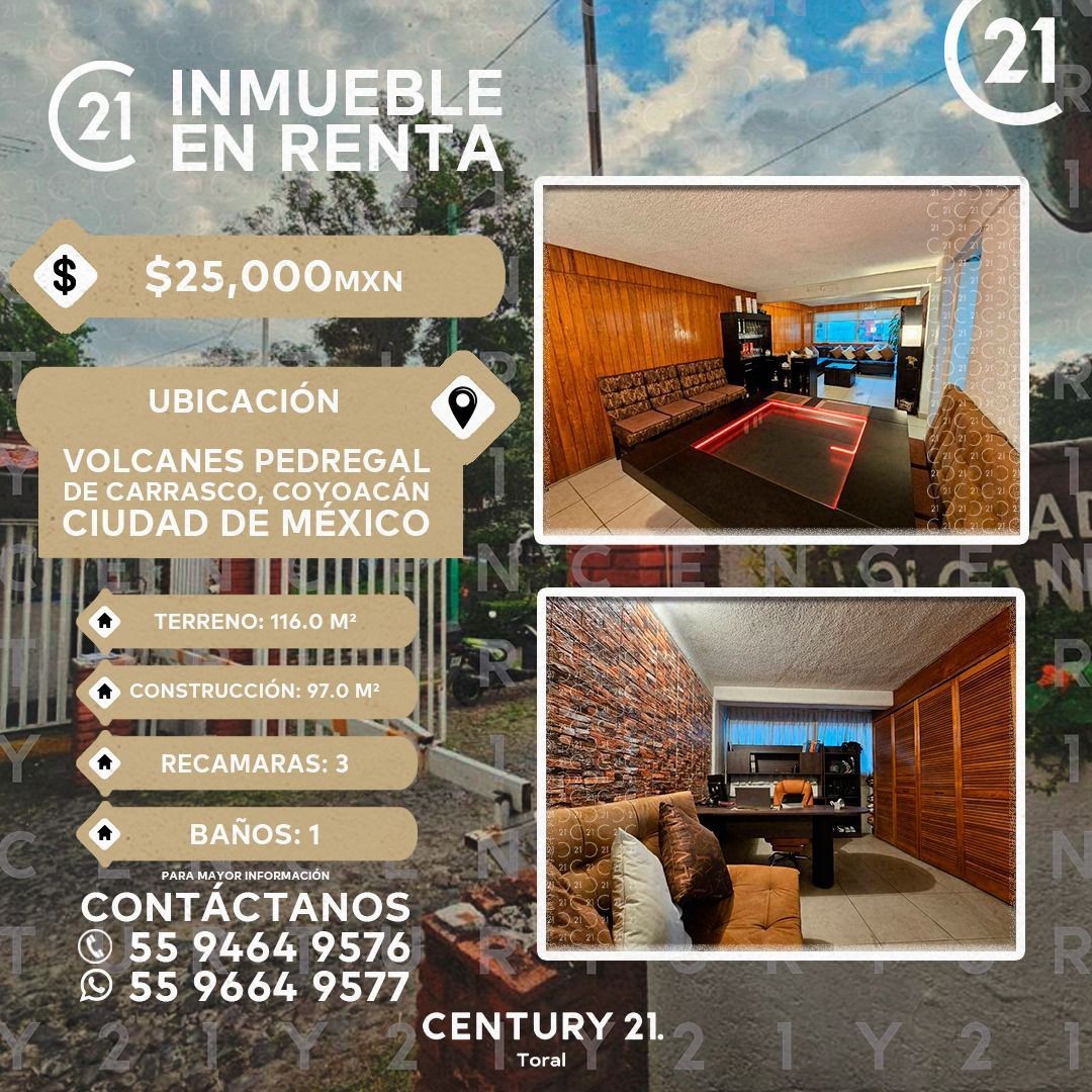 Real estate ad for rental property in Ciudad de México with images of interior rooms and contact info.